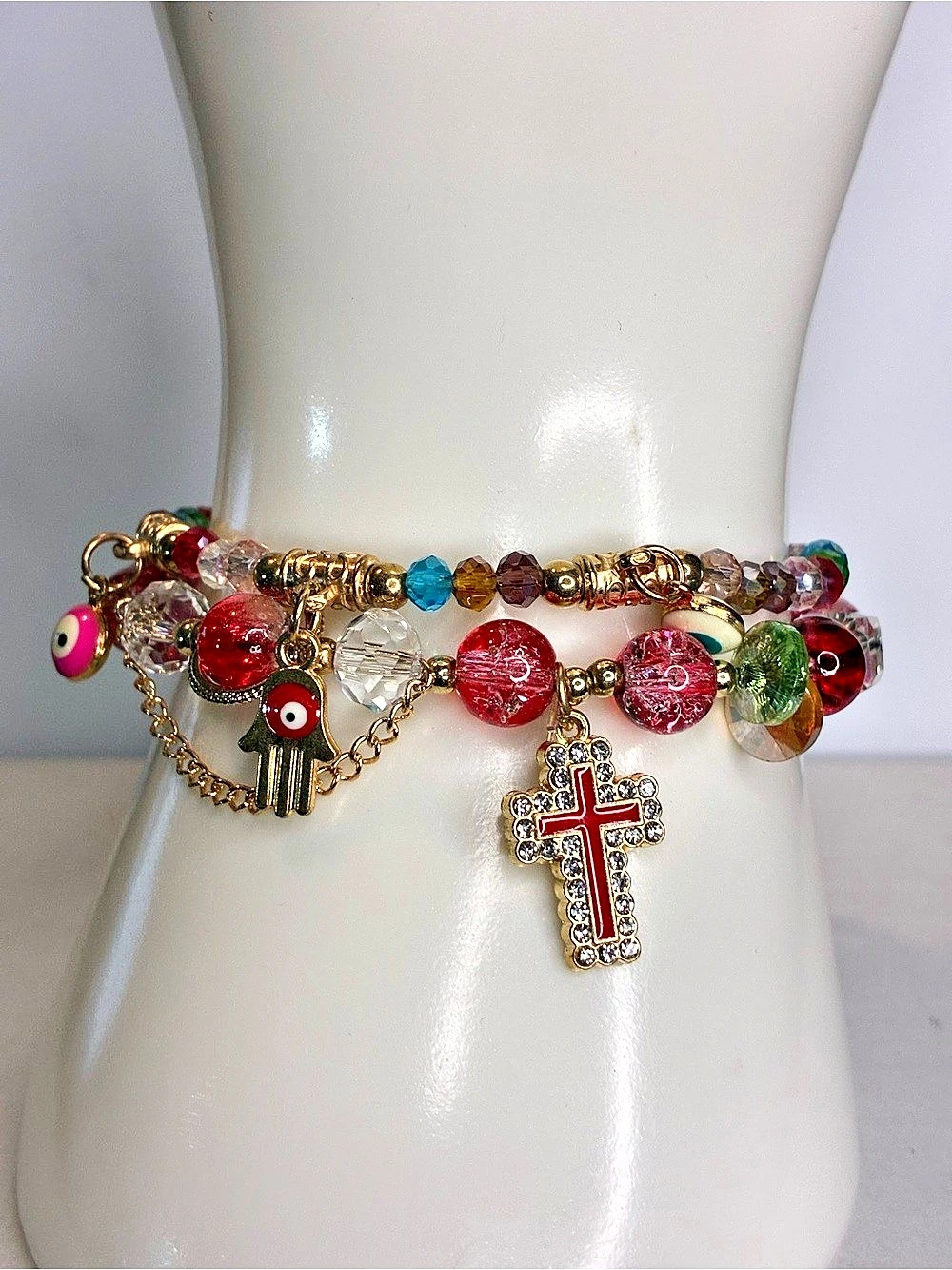 Glass Beaded Cross And Evil Eyes Charm
Bracelet in Red & Gold NWOT